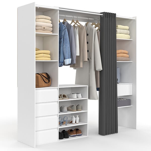 ID MARKET - Dressing extensible double XXL MERYL 120/180 cm blanc avec tiroirs + étagères + penderie + rideau gris - large