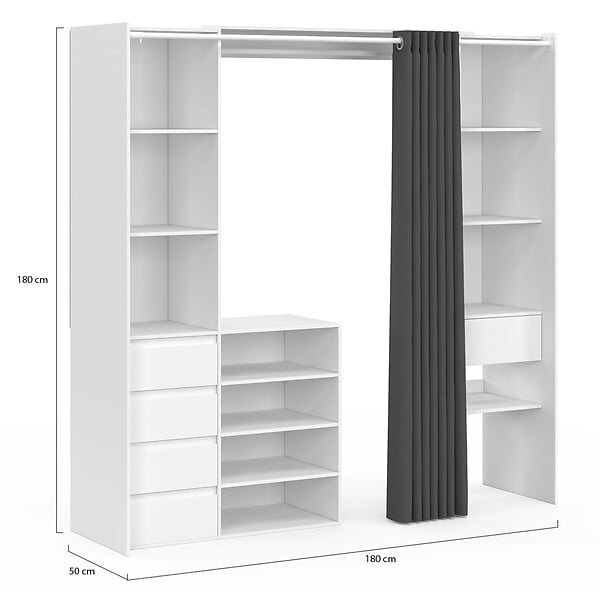 ID MARKET - Dressing extensible double XXL MERYL 120/180 cm blanc avec tiroirs + étagères + penderie + rideau gris - large