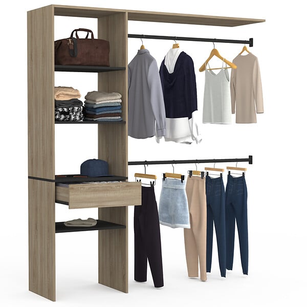 ID MARKET - Kit dressing MELINE 160 x 40 x 180 cm hêtre avec étagères noires + tiroir + double penderie - large