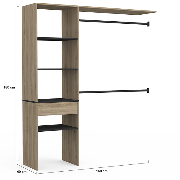 ID MARKET - Kit dressing MELINE 160 x 40 x 180 cm hêtre avec étagères noires + tiroir + double penderie - large