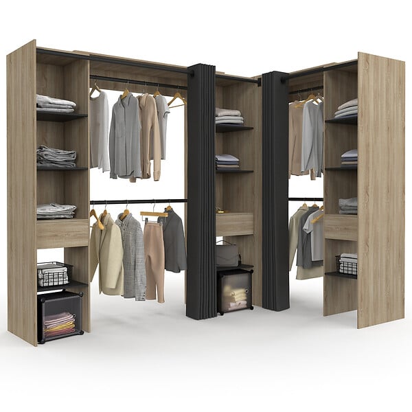 ID MARKET - Dressing extensible d'angle MARLON 230 x 140 x 180 cm hêtre avec penderies + étagères + rideaux noirs - large