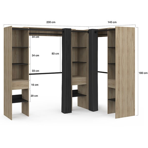 ID MARKET - Dressing extensible d'angle MARLON 230 x 140 x 180 cm hêtre avec penderies + étagères + rideaux noirs - large