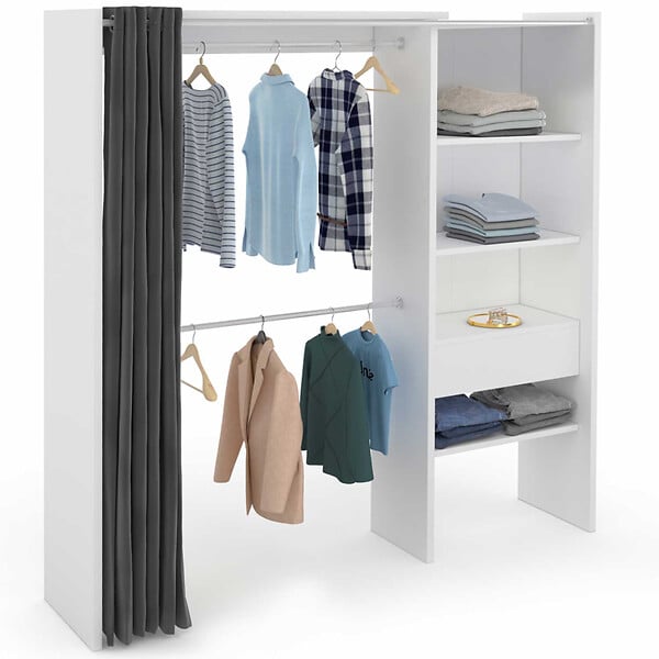 ID MARKET - Dressing extensible MARTY 120/170 x 50 x 180 cm blanc avec étagères + double penderie + rideau gris - large
