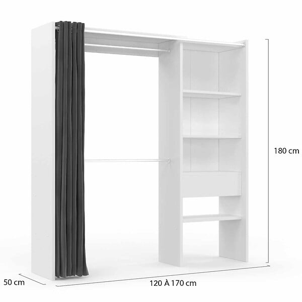 ID MARKET - Dressing extensible MARTY 120/170 x 50 x 180 cm blanc avec étagères + double penderie + rideau gris - large