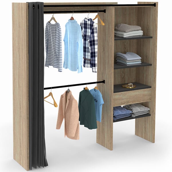 ID MARKET - Dressing extensible MARTY 120/170 x 50 x 180 cm hêtre avec étagères + double penderie + rideau noir - large