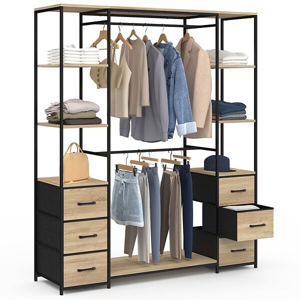 ID MARKET - Dressing double penderie + double colonne L. 140 cm UTAH avec 6 étagères et 6 bacs en tissu bois et noir - large