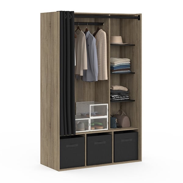 ID MARKET - Dressing penderie DIANE 105 x 45 x 167 cm hêtre avec étagères + boites de rangement + rideau noir - large
