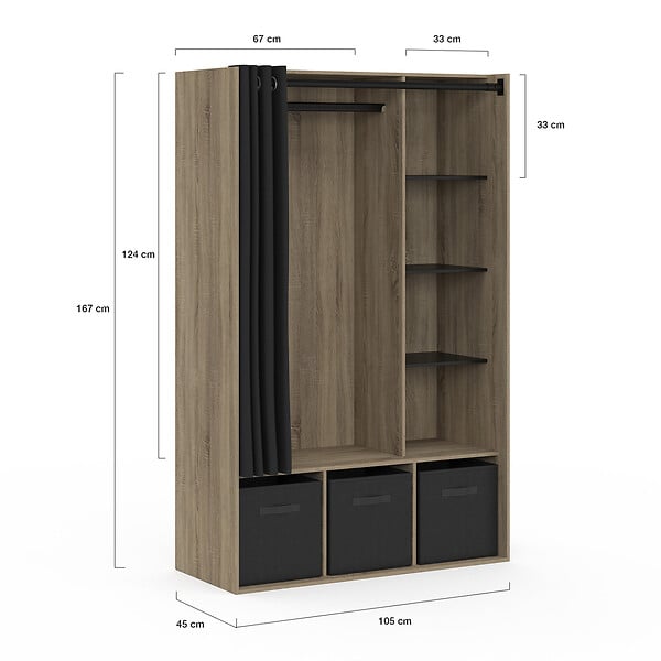 ID MARKET - Dressing penderie DIANE 105 x 45 x 167 cm hêtre avec étagères + boites de rangement + rideau noir - large