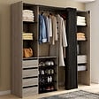 ID MARKET - Dressing extensible double XXL MERYL 120/180 cm hêtre avec tiroirs + étagères + penderie + rideau noir - vignette