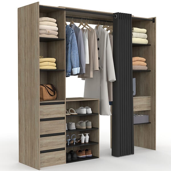 ID MARKET - Dressing extensible double XXL MERYL 120/180 cm hêtre avec tiroirs + étagères + penderie + rideau noir - large