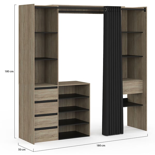 ID MARKET - Dressing extensible double XXL MERYL 120/180 cm hêtre avec tiroirs + étagères + penderie + rideau noir - large
