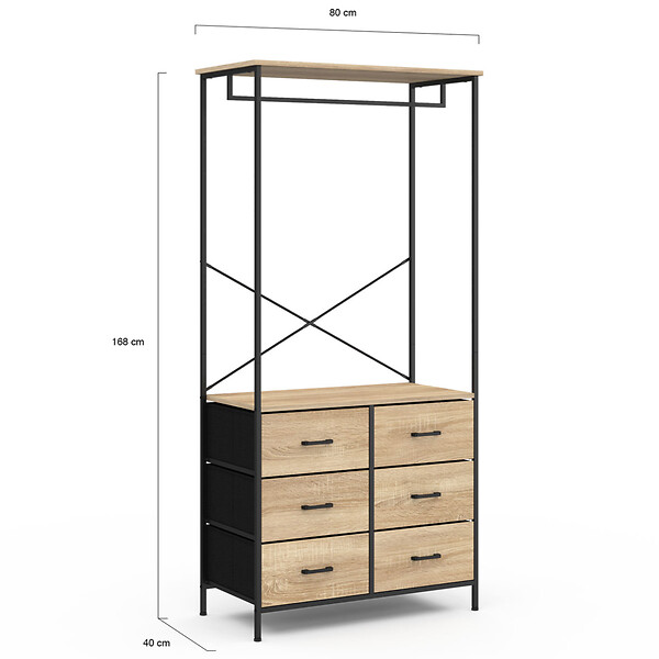 ID MARKET - Dressing penderie L. 80 cm UTAH avec 6 bacs en tissu bois et noir - large