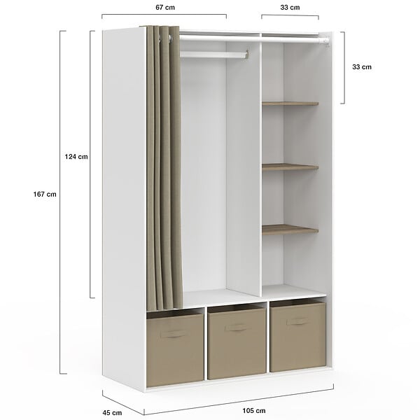 ID MARKET - Dressing penderie DIANE 105 x 45 x 167 cm blanc avec étagères + boites de rangement + rideau taupe - large