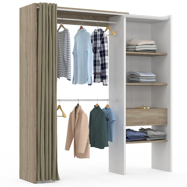 ID MARKET - Dressing extensible MARTY 120/170 x 50 x 180 cm blanc avec étagères hêtre + double penderie + rideau taupe - large