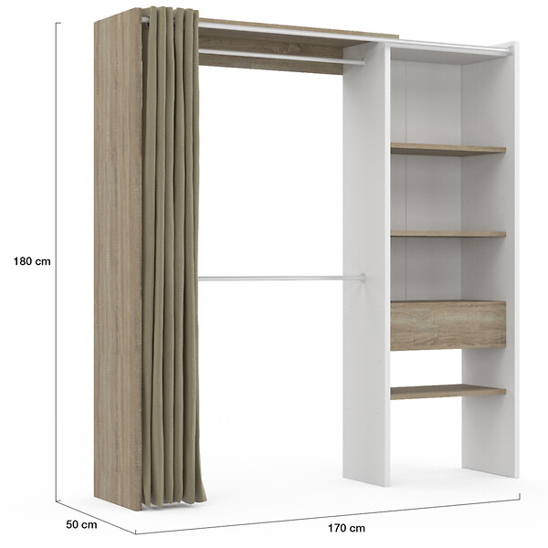 ID MARKET - Dressing extensible MARTY 120/170 x 50 x 180 cm blanc avec étagères hêtre + double penderie + rideau taupe - large