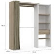ID MARKET - Dressing extensible MARTY 120/170 x 50 x 180 cm blanc avec étagères hêtre + double penderie + rideau taupe - vignette