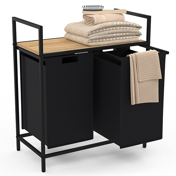 ID MARKET - Panier à linge 2 bacs DETROIT tissu noir design industriel - large