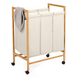 ID MARKET - Panier à linge 3 compartiments bambou RITA tissu écru avec roulettes - vignette
