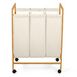 ID MARKET - Panier à linge 3 compartiments bambou RITA tissu écru avec roulettes - vignette