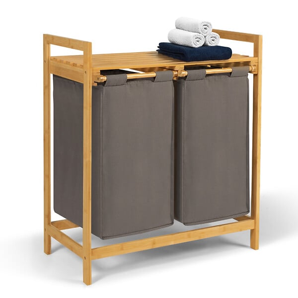 ID MARKET - Panier à linge 2 bacs bambou BEA tissu gris foncé - large