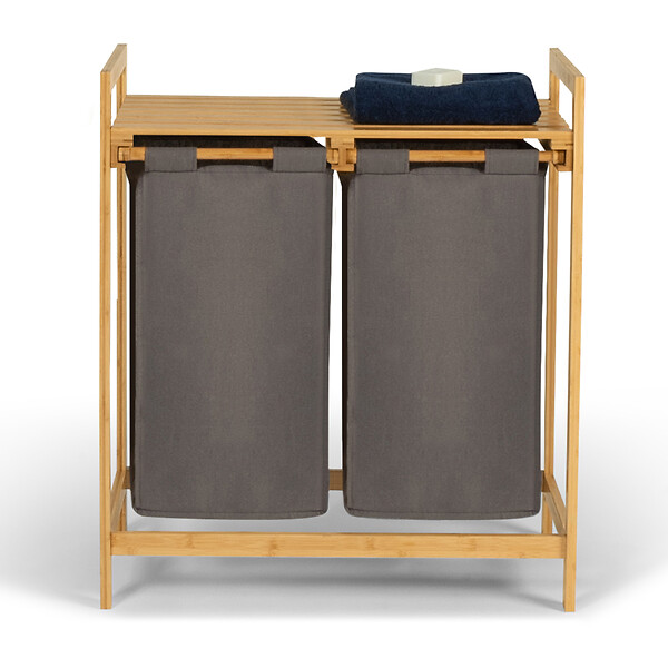 ID MARKET - Panier à linge 2 bacs bambou BEA tissu gris foncé - large