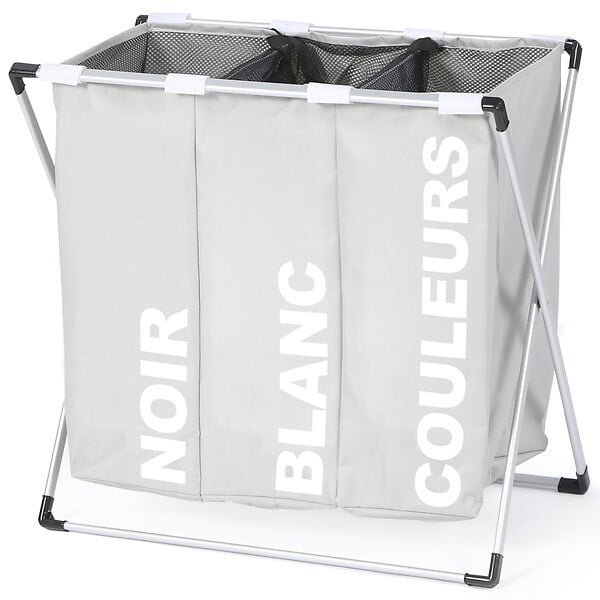 ID MARKET - Panier à linge 3 compartiments pliable gris - large