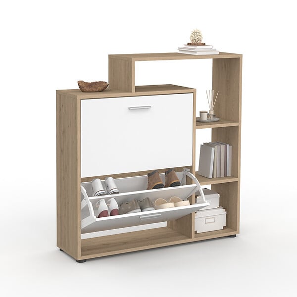 ID MARKET - Meuble à chaussures 12 paires KLARK imitation hêtre 2 portes blanches avec étagère - large