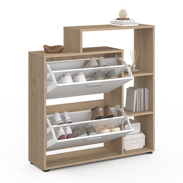 ID MARKET - Meuble à chaussures 12 paires KLARK imitation hêtre 2 portes blanches avec étagère - large