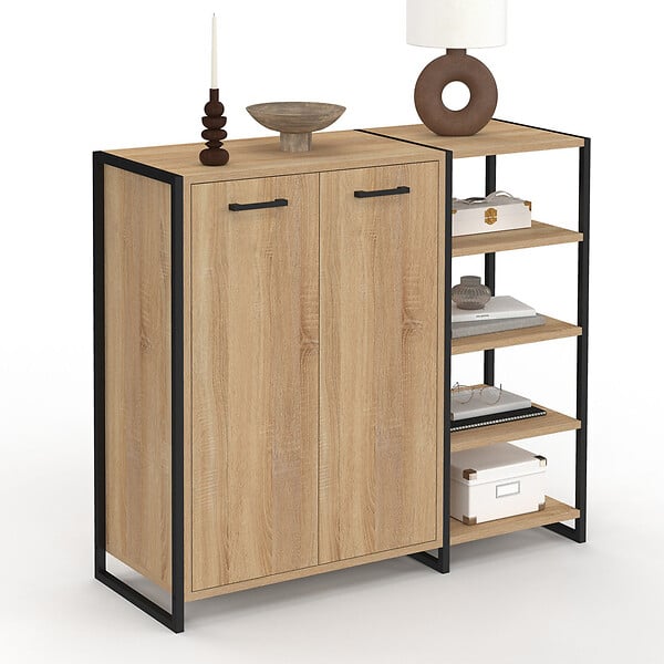 ID MARKET - Armoire à chaussures 12 paires LUIS 2 portes avec étagère design industriel - large