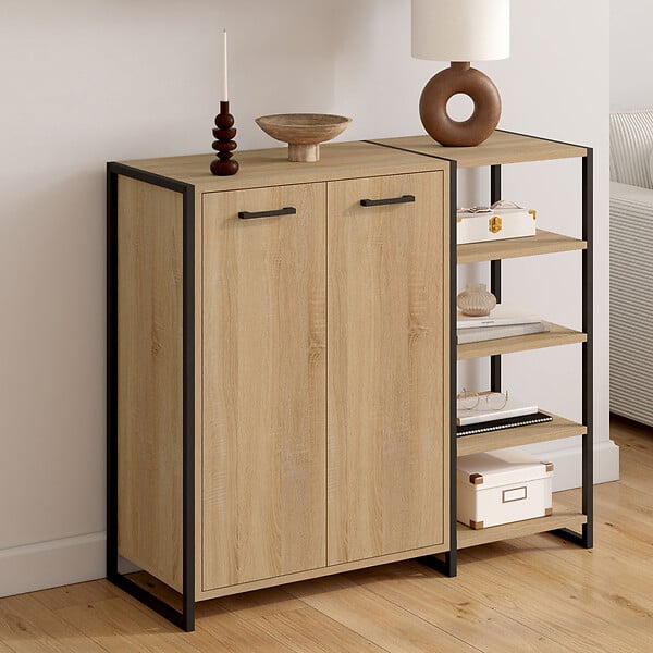 ID MARKET - Armoire à chaussures 12 paires LUIS 2 portes avec étagère design industriel - large