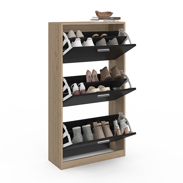 ID MARKET - Meuble à chaussures 18 paires KLARK imitation hêtre 3 portes noires - large