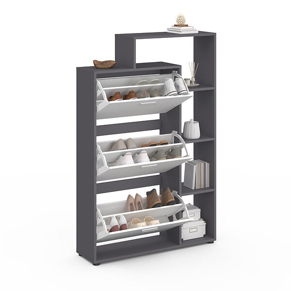 ID MARKET - Meuble à chaussures 18 paires KLARK gris 3 portes blanches avec étagère - large