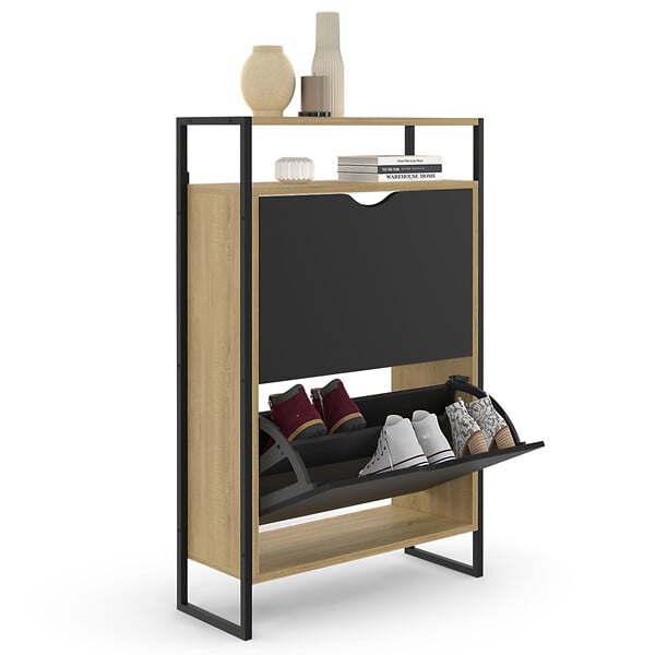 ID MARKET - Meuble à chaussures 12 paires BOSTON 2 portes noires avec étagère supérieure design industriel - large