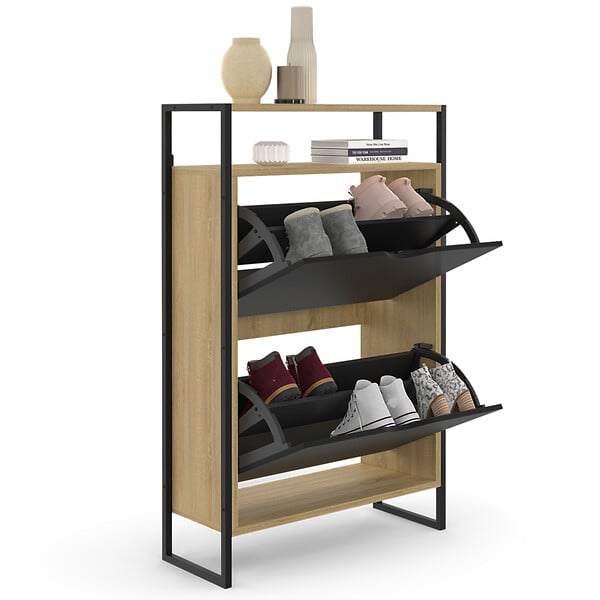 ID MARKET - Meuble à chaussures 12 paires BOSTON 2 portes noires avec étagère supérieure design industriel - large