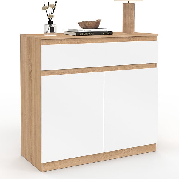 ID MARKET - Armoire à chaussures 12 paires TOMI 2 portes et 1 tiroir façon hêtre et blanc - large