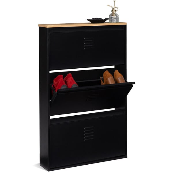 ID MARKET - Meuble à chaussures 9 paires ESTER 3 portes métal noir et plateau façon hêtre design industriel - large