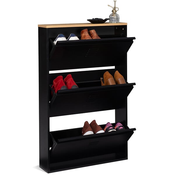 ID MARKET - Meuble à chaussures 9 paires ESTER 3 portes métal noir et plateau façon hêtre design industriel - large