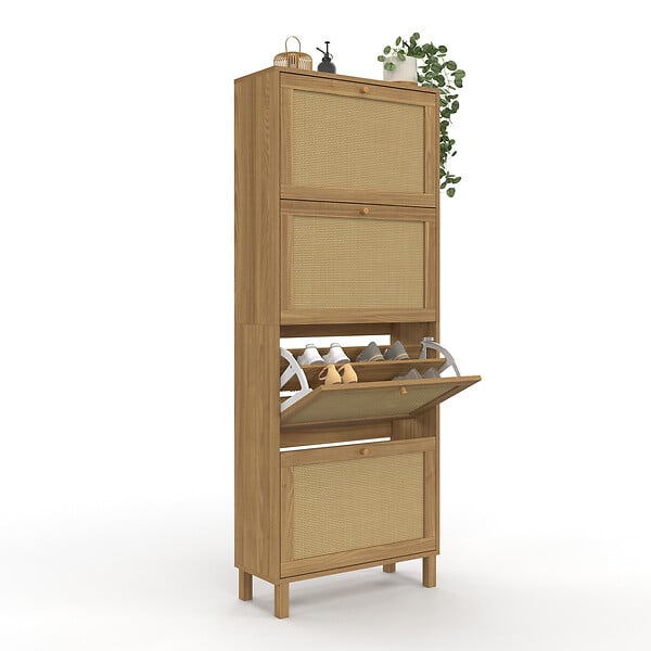 ID MARKET - Meuble à chaussures 24 paires HANAE 4 portes effet naturel cannage - large