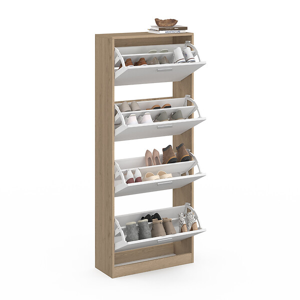 ID MARKET - Meuble à chaussures 24 paires KLARK imitation hêtre 4 portes blanches - large