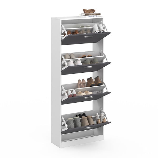 ID MARKET - Meuble à chaussures 24 paires KLARK blanc 4 portes gris clair - large