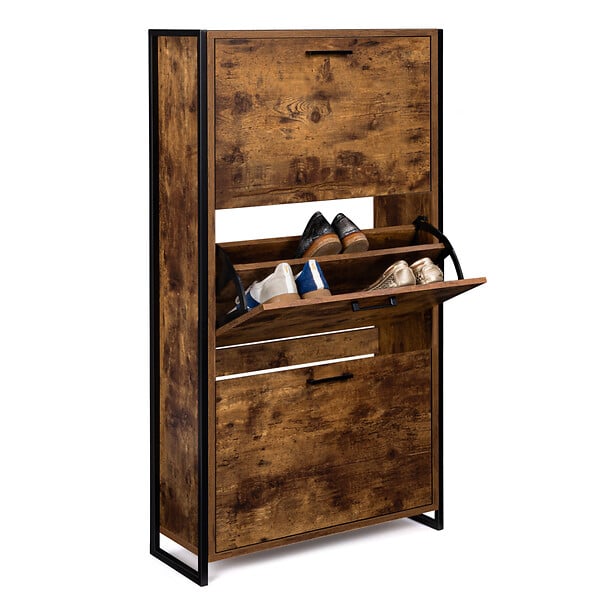 ID MARKET - Meuble à chaussures 18 paires DAYTON 3 portes effet vieilli design industriel - large
