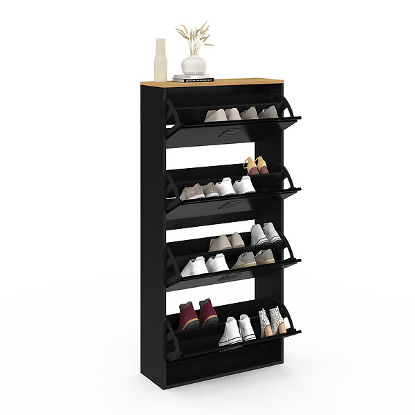 ID MARKET - Meuble à chaussures 24 paires maxi capacité ESTER 4 portes métal noir et plateau façon hêtre design industriel - large