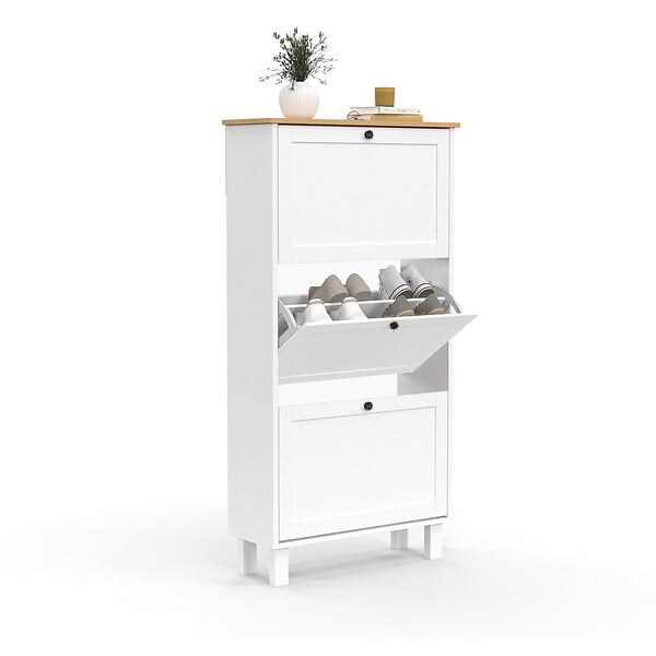 ID MARKET - Meuble à chaussures 18 paires ACHILLE 3 portes blanc et plateau bois - large