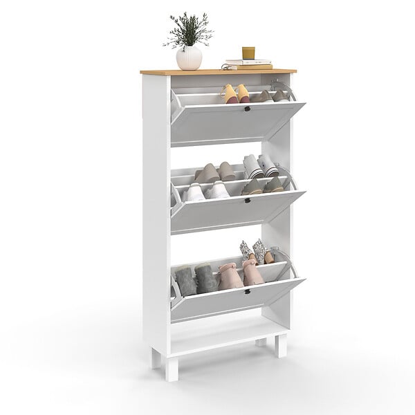 ID MARKET - Meuble à chaussures 18 paires ACHILLE 3 portes blanc et plateau bois - large