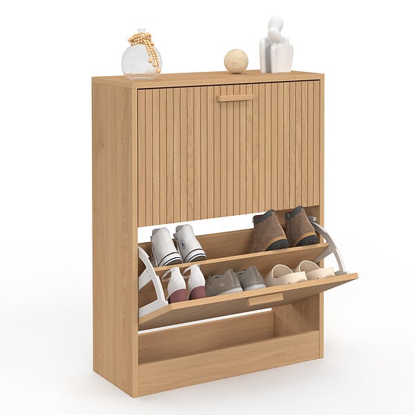 ID MARKET - Meuble à chaussures 12 paires JULIETTE 2 portes lattes tasseau bois coloris chêne - large