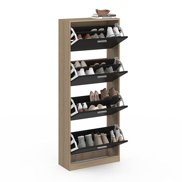 ID MARKET - Meuble à chaussures 24 paires KLARK imitation hêtre 4 portes noires - large