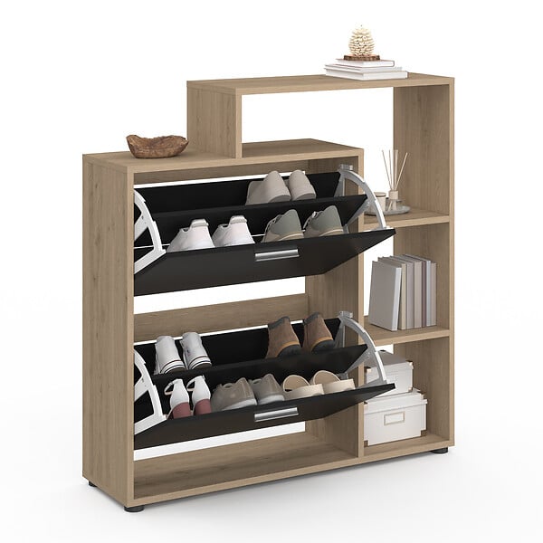 ID MARKET - Meuble à chaussures 12 paires KLARK imitation hêtre 2 portes noires avec étagères - large