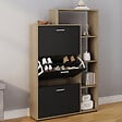 ID MARKET - Meuble à chaussures 18 paires KLARK imitation hêtre 3 portes noires avec étagère - vignette