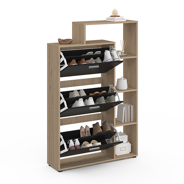 ID MARKET - Meuble à chaussures 18 paires KLARK imitation hêtre 3 portes noires avec étagère - large
