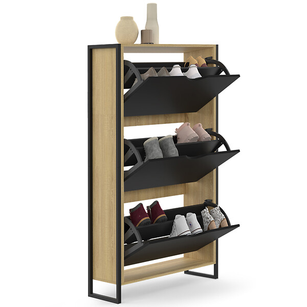 ID MARKET - Meuble à chaussures 18 paires BOSTON 3 portes noires design industriel - large